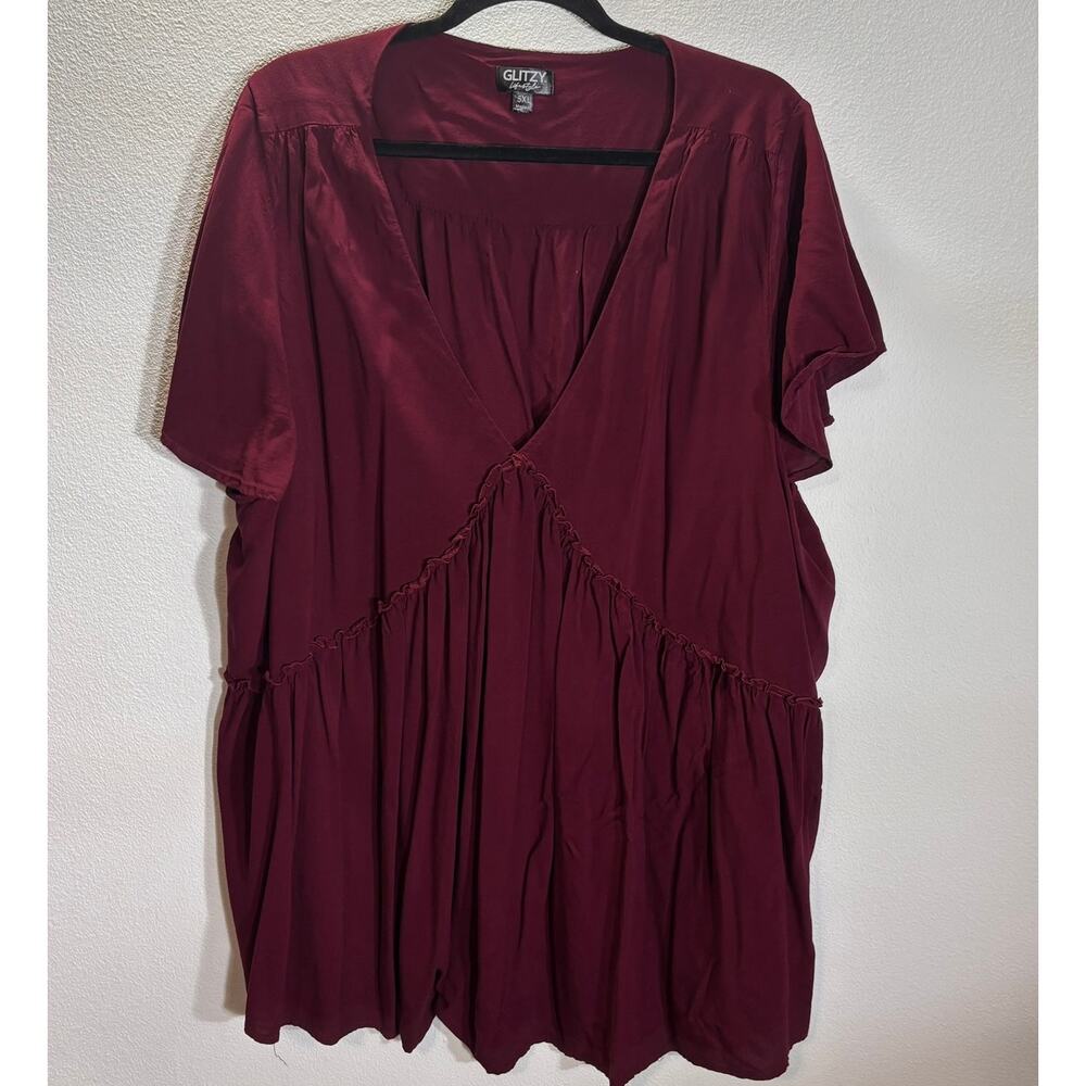 Glitzy Lifestyle Burgundy Babydoll Tunic Top 5XL Boho Flowy Rayon